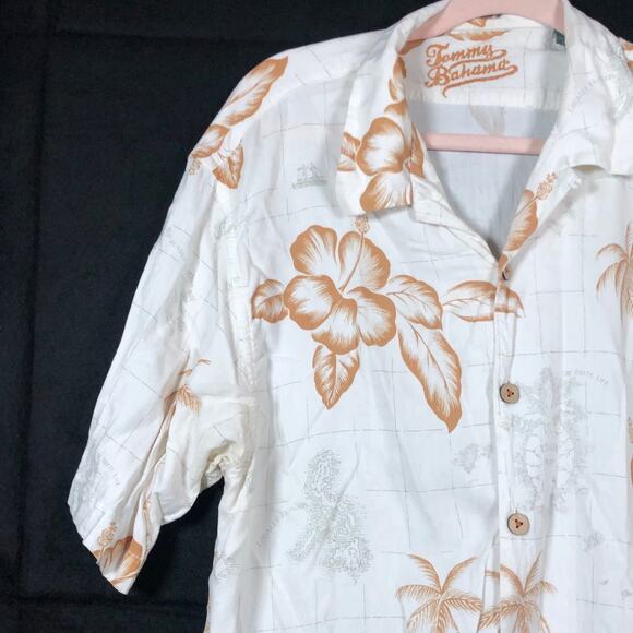 Tommy Bahama Mens Shirt White Gold Hawaiian Camp Vacation Leaf Floral Large - Picture 4 of 11